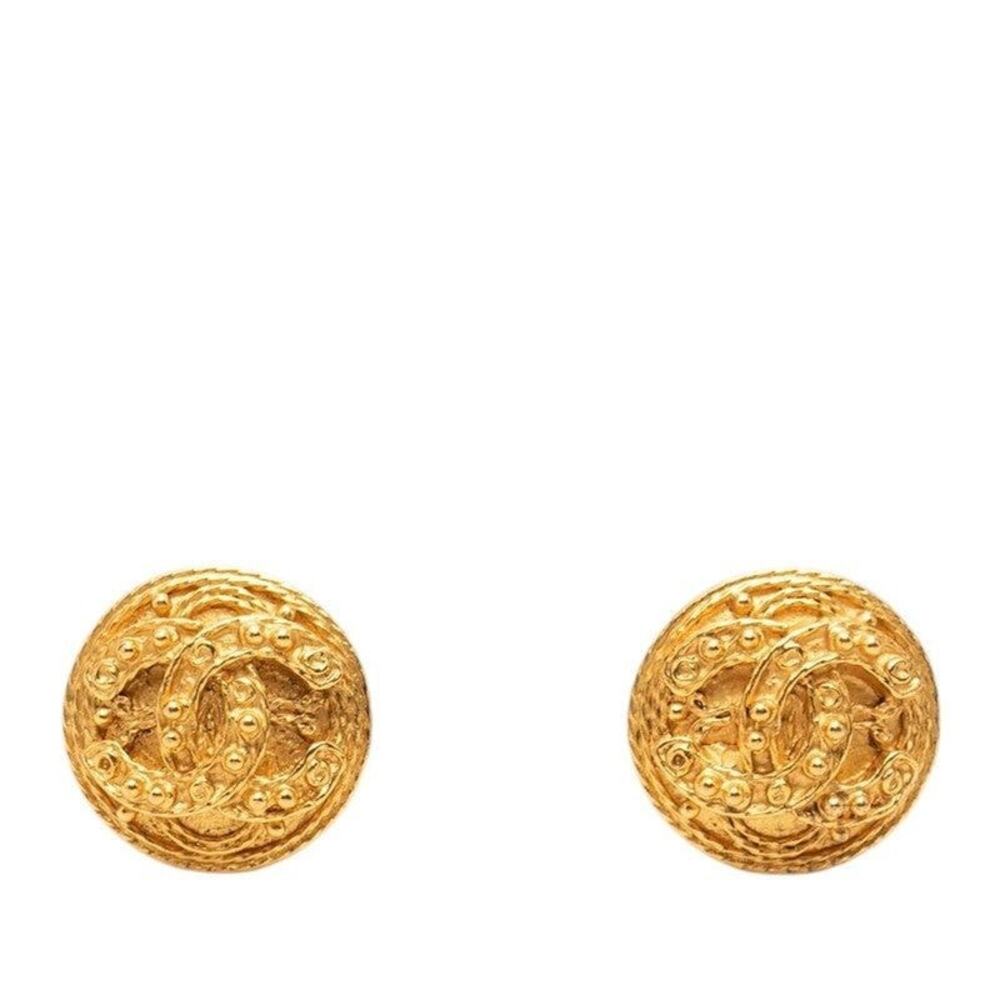 Chanel CC Logo Round Plated Earrings Gold